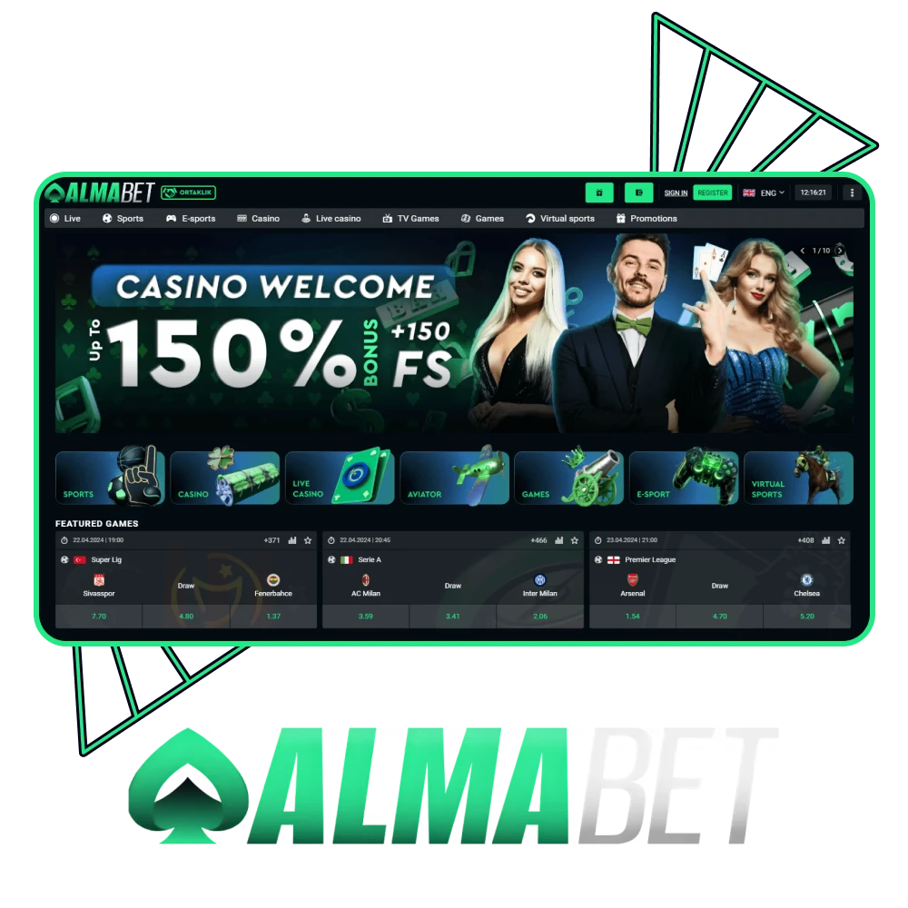 Almabet banner: Bet sports, esports, and casino in Canada. 375% welcome bonus, SSL, mobile/desktop, cards and crypto icons.